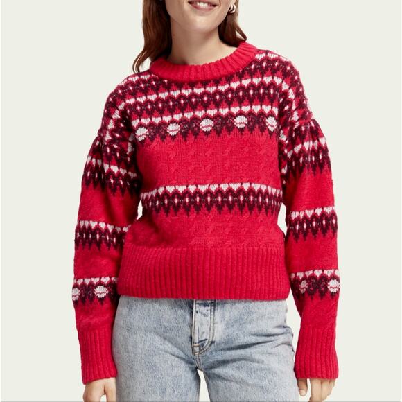 Scotch & Soda Cable knit Fair Isle sweater in Cosmic Pink - Picture 1 of 9